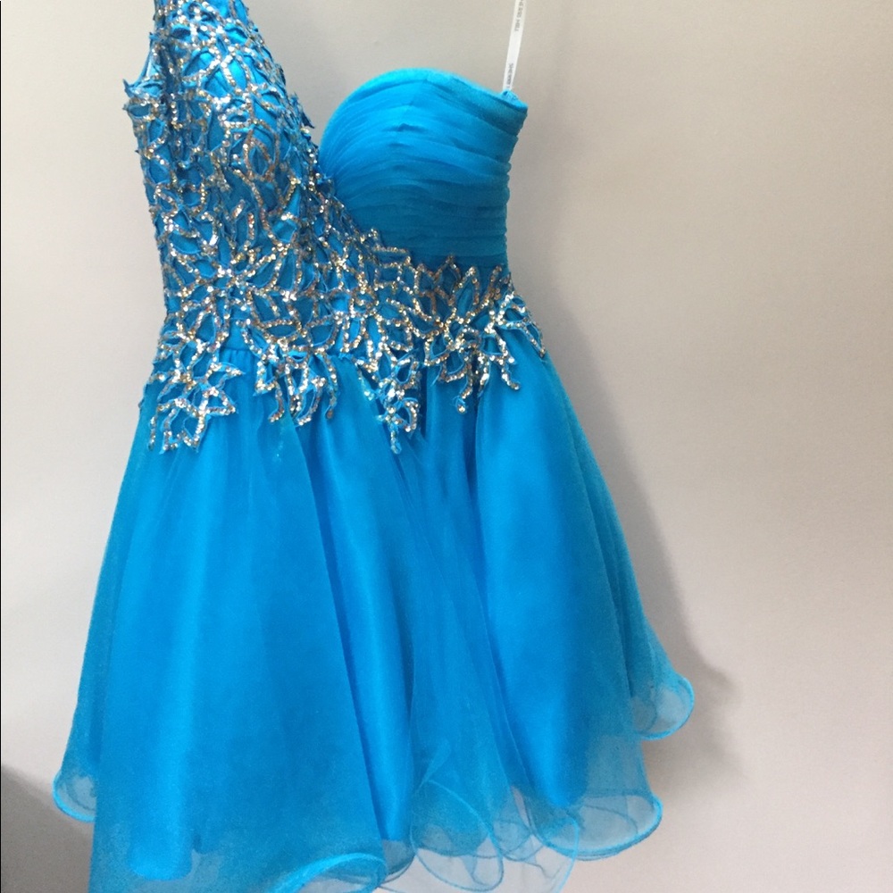 Sherri Hill Short Turquoise One Shoulder Dress