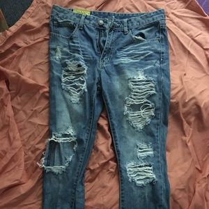 Edgy Ripped Blue Jeans Mid Rise