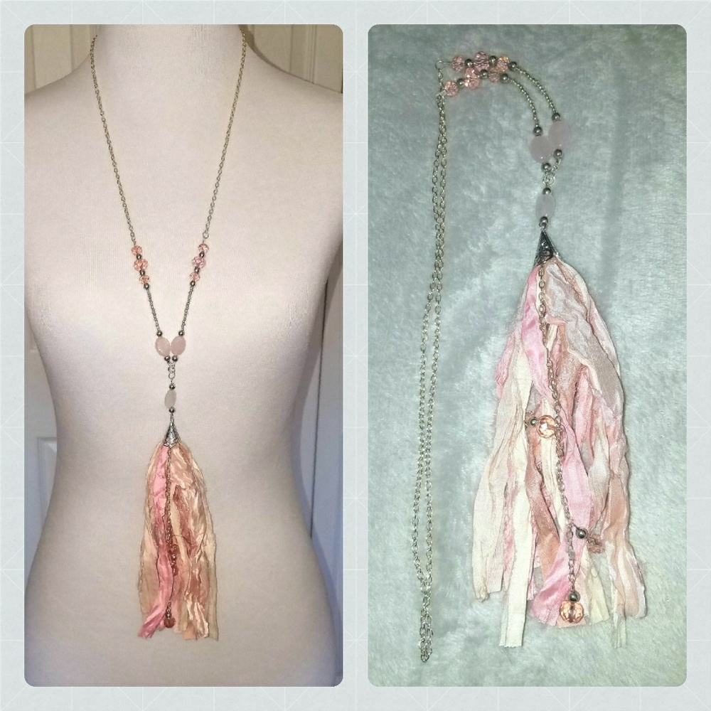 Rose Quartz & Pink Sari Silk Tassel Necklace