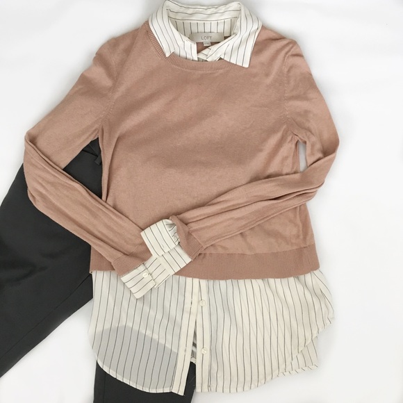 🎉HOST PICK🎉Ann Taylor Nude Sweater/Striped Shirt - Picture 2 of 5