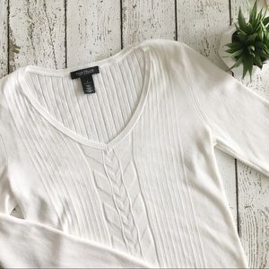 WHBM White V-Neck Cable Knit Sweater