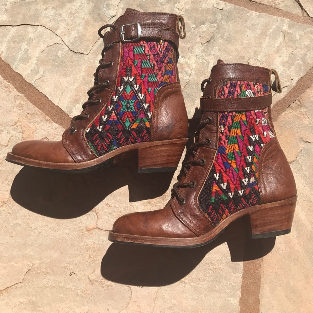 Handmade leather and fabric heeled boots