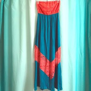 Peach & Teal strapless Maxi dress