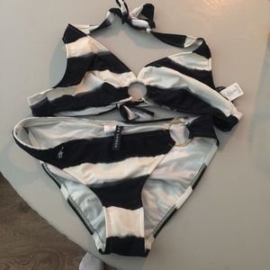 navy and white tie dye striped bikini set