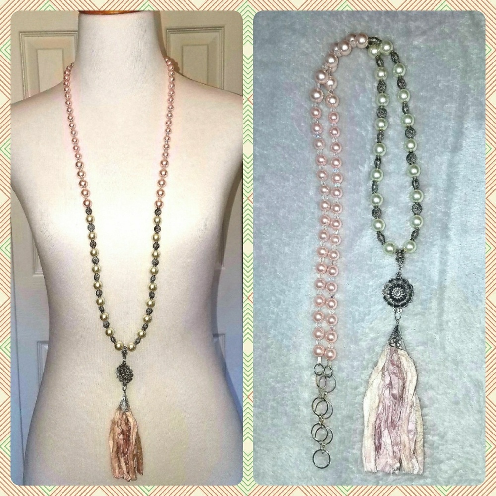 Pearl & Sari Silk Tassel Boho Necklace