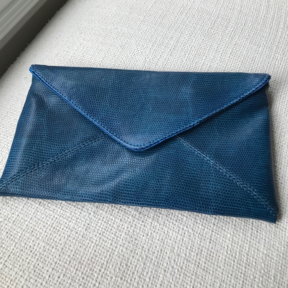 Blue snake skin print leather envelope clutch
