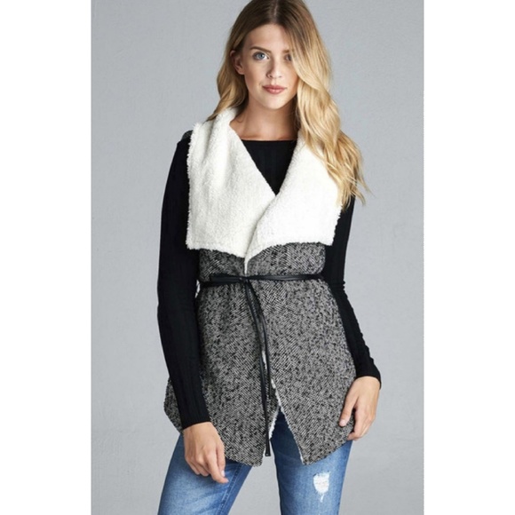 Fur lined tweed vest belted wide collar new black - Picture 2 of 6