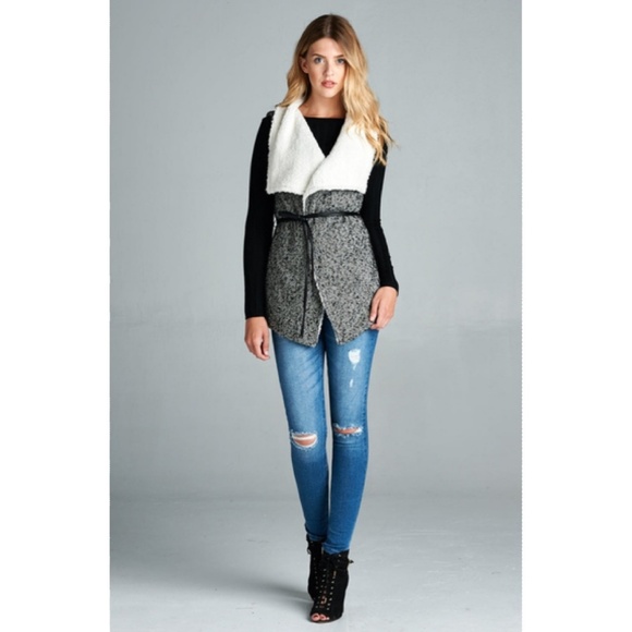 Fur lined tweed vest belted wide collar new black - Picture 3 of 6