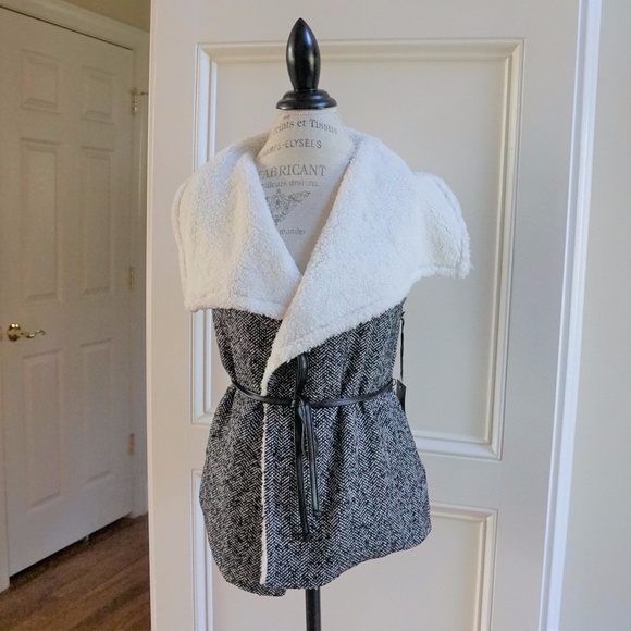 Fur lined tweed vest belted wide collar new black - Picture 4 of 6