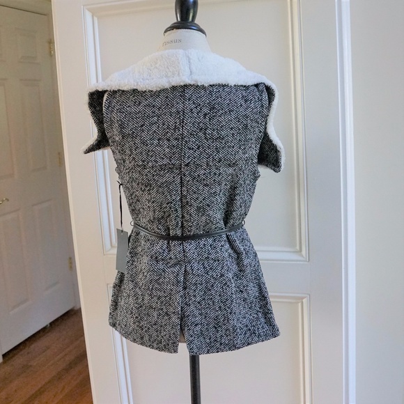 Fur lined tweed vest belted wide collar new black - Picture 6 of 6