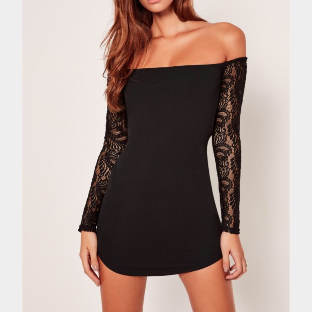Lace Long Sleeve Bardot Mini Dress Black