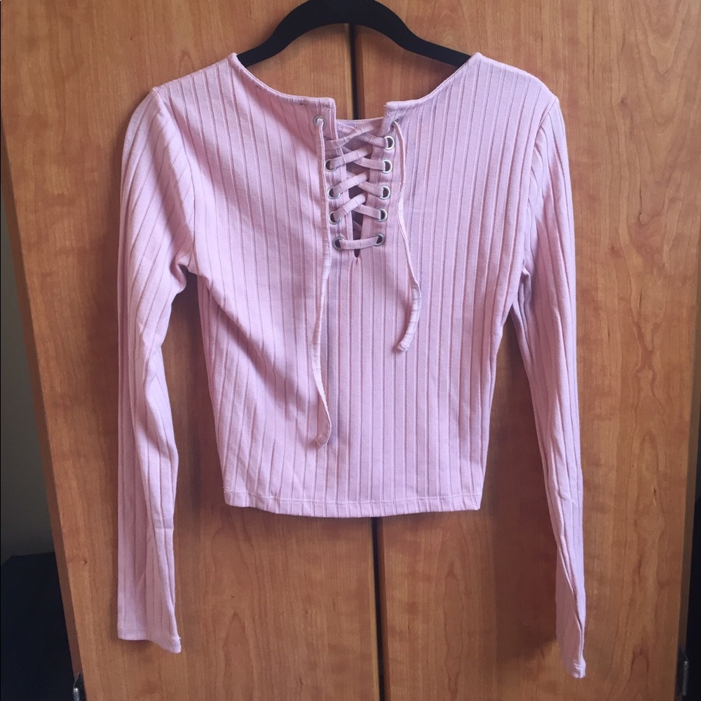 Dusty Rose Ribbed Top w/ Lace up neck