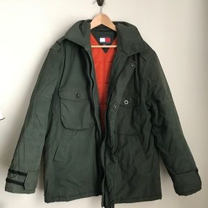 90's Tommy Hilfiger Men's Large Olive Colored Coat