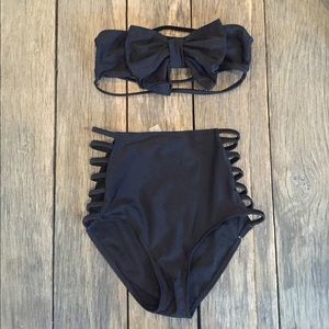 NEW high waisted strappy black bikini swimsuit set