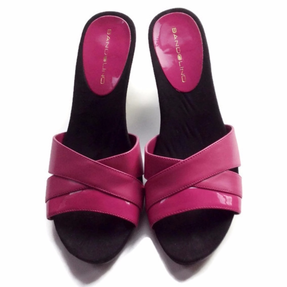 Bandolino Pink Straps Black Heels Sandals Slides 8