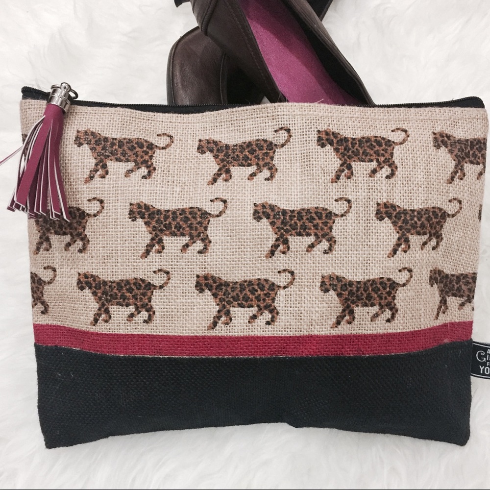 Tiger Print Jute Clutch