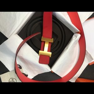 Authentic Men's Red Hermes Belt with Gold H buckle