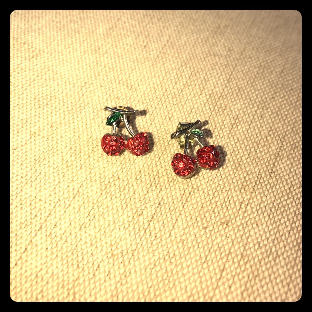 ~cherry~ rhinestone red cherries stud earrings