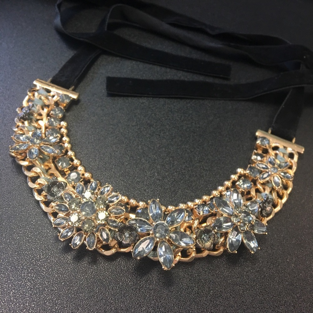 Gold Rhinestone Statement Necklace Velvet Choker