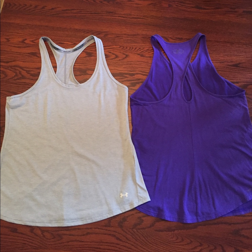 Under Armour workout tanks; gray and purple, med