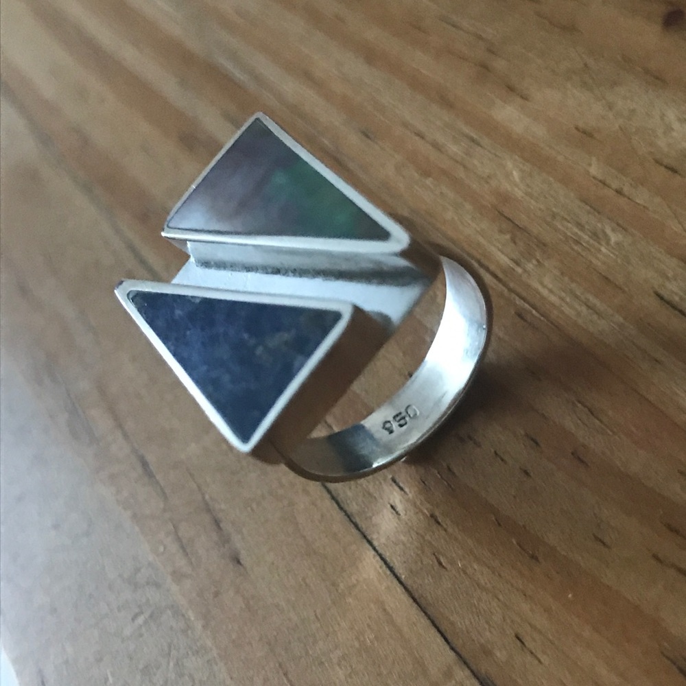 Gorgeous Sterling 950 Triangle Lapis Pearl Ring
