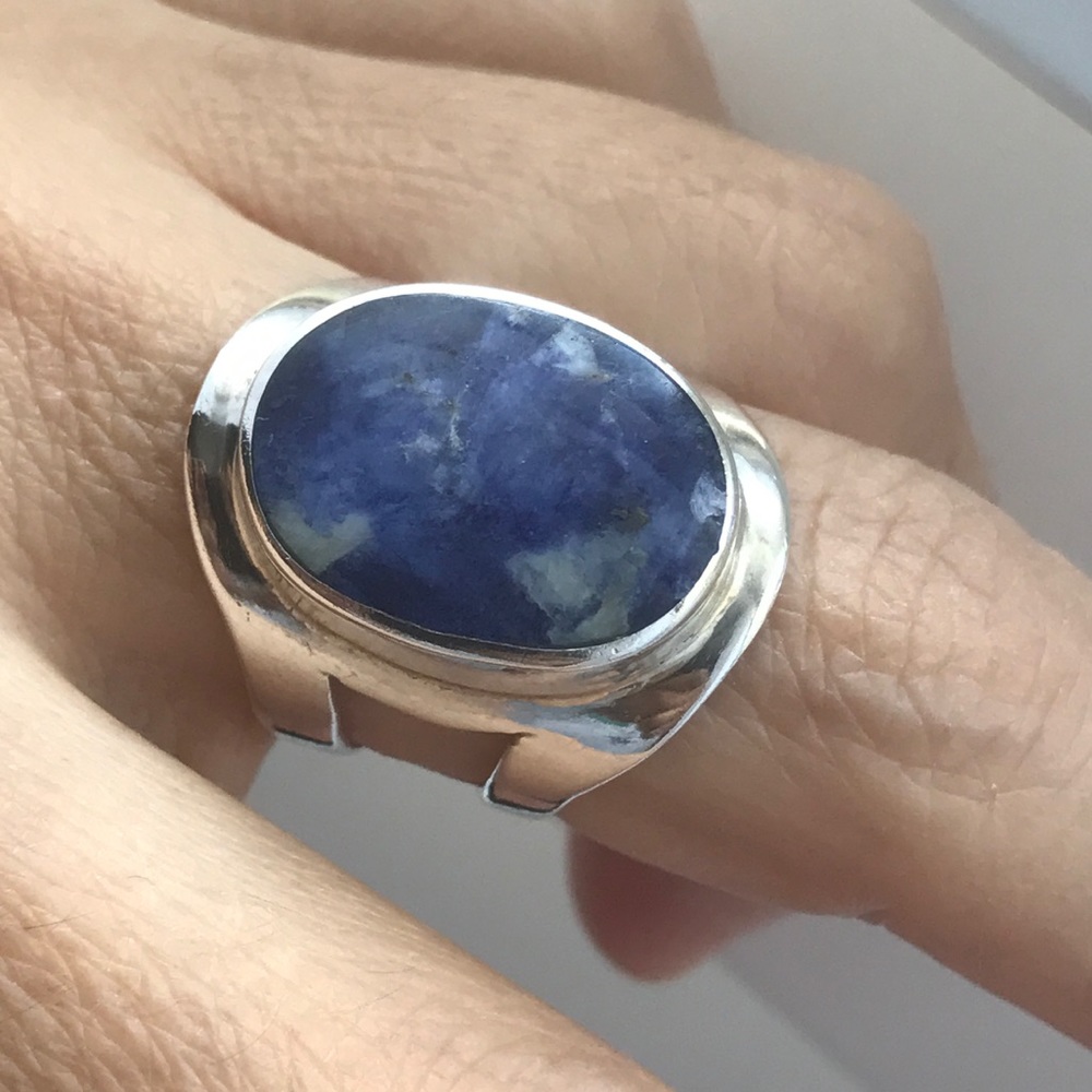 Handcrafted 950 Silver Oval Lapis Semi Ring New
