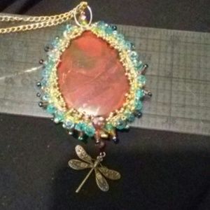 Bead embroidered red agate stone/w dragon fly.