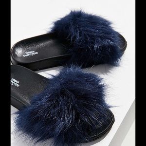 NWT Urban Outfitters Navy Furry Slides