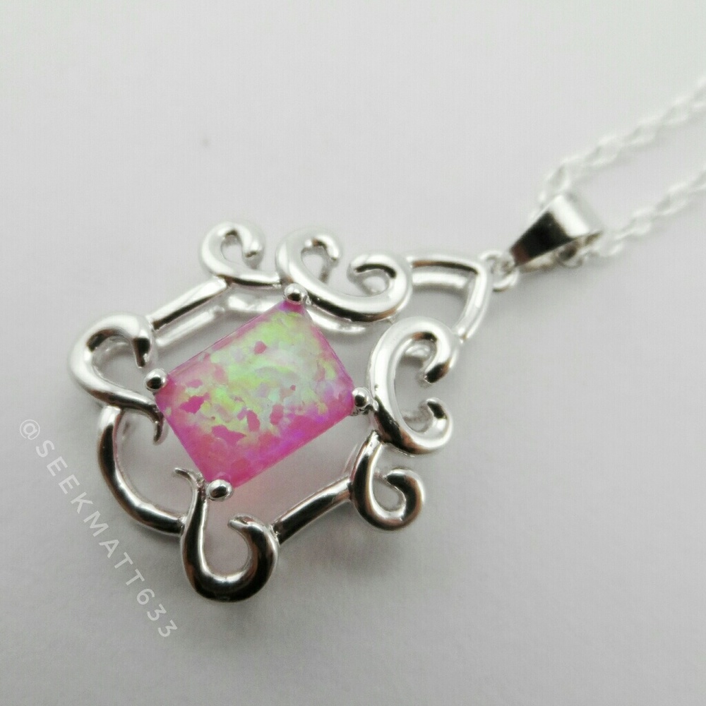 Pink Fire Opal Sterling Silver 925 Necklace