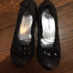 Black flats with flower embellishments