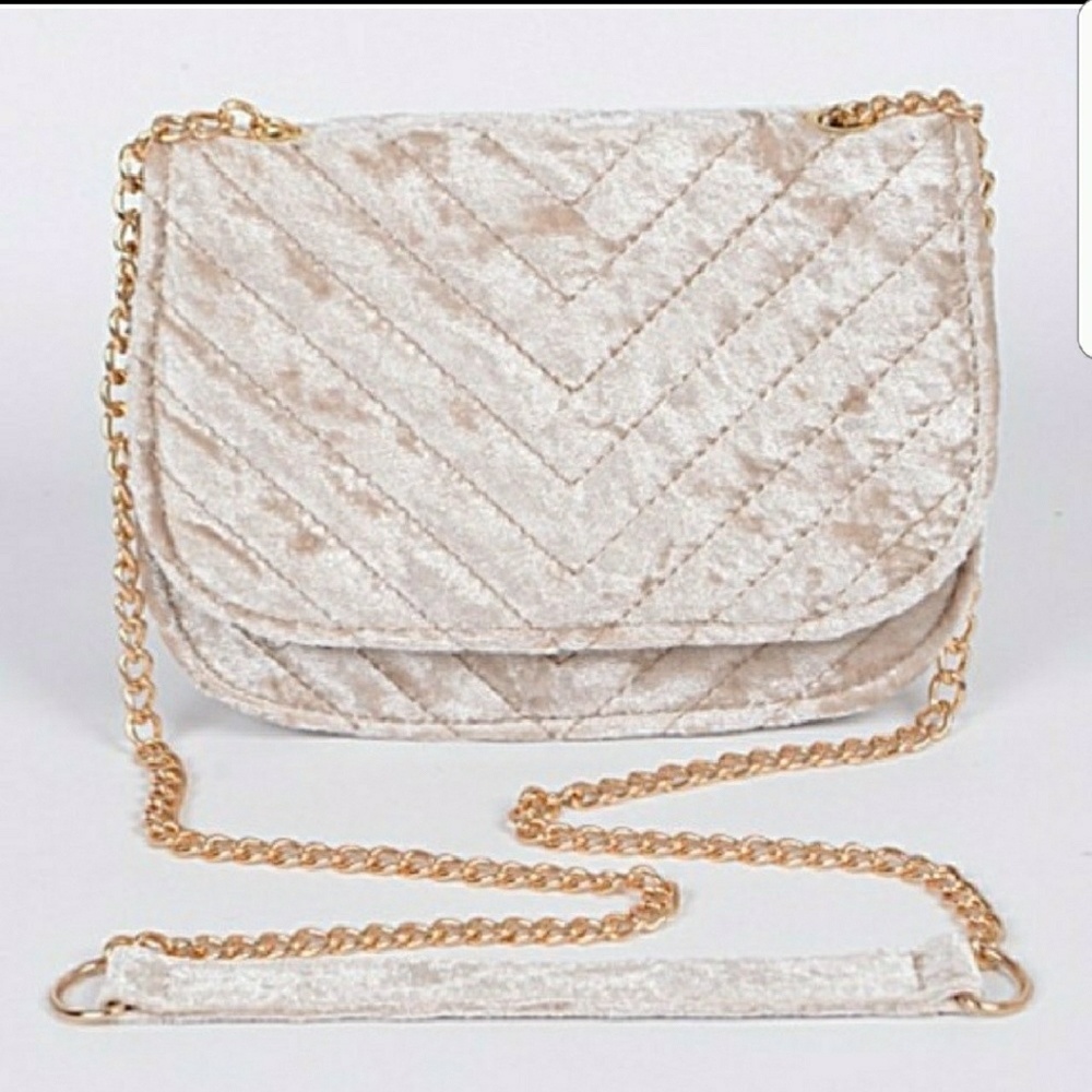 Quilted Velvet Crossbody in Beige with Gold chain