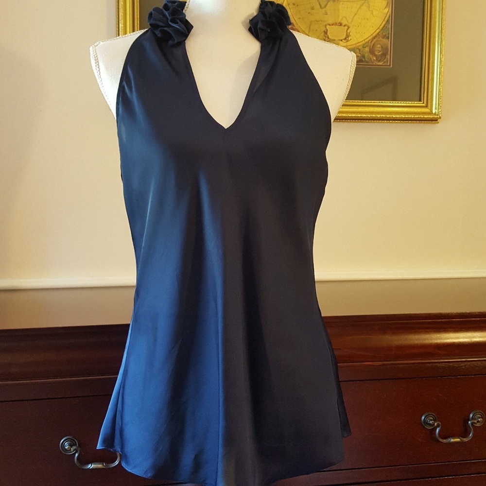 Navy C Wonder V Neck Ruffle Trim Top Medium