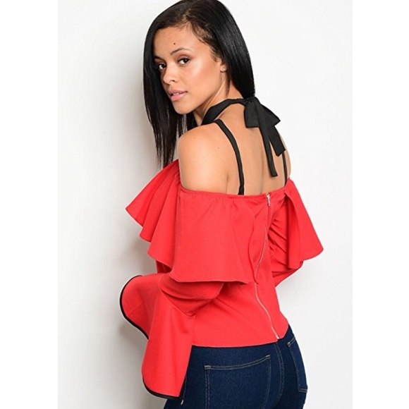 NWOT cold shoulder halter ruffle blouse - Picture 2 of 5