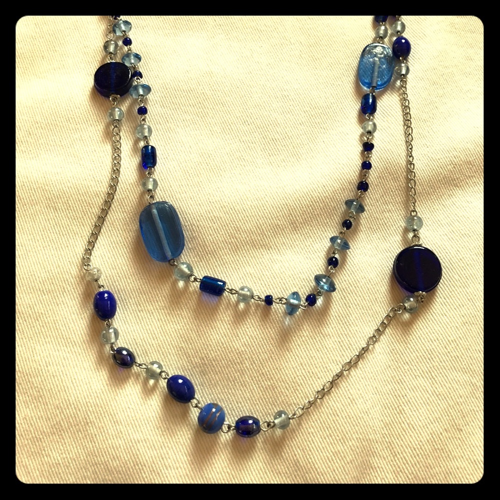 GLASS BEADS Blue & silver double strand necklace