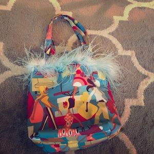 y2k graphic tote bag with feather trim