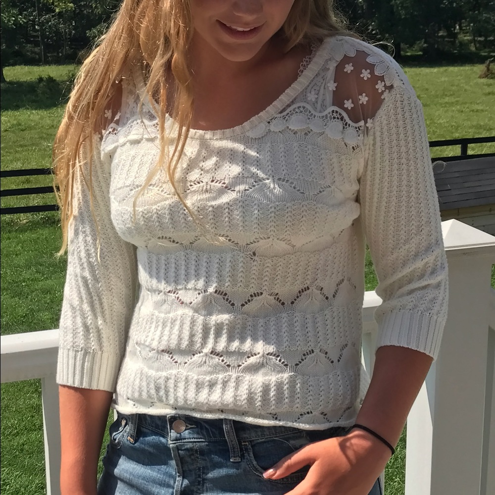 Cream BONGO sweater with lace inset.