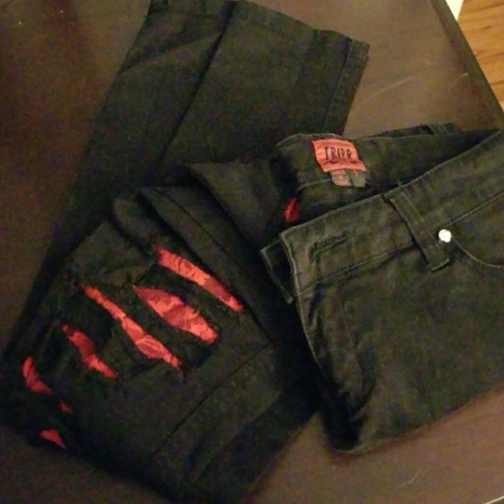 Red lace ripped black skinny jeans