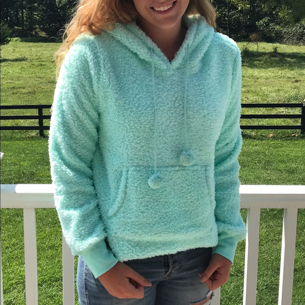 Fuzzy fleece hooded sweatshirt in aqua.