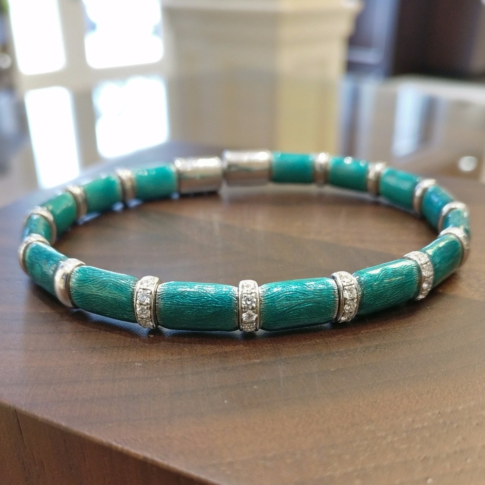 SOLD - Green Enamel & Diamond Firenze Bracelet - Picture 1 of 8