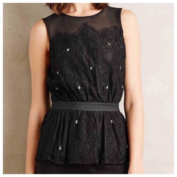 Meadow Rue Black Lace Silver Beaded Peplum Tank - Picture 1 of 8