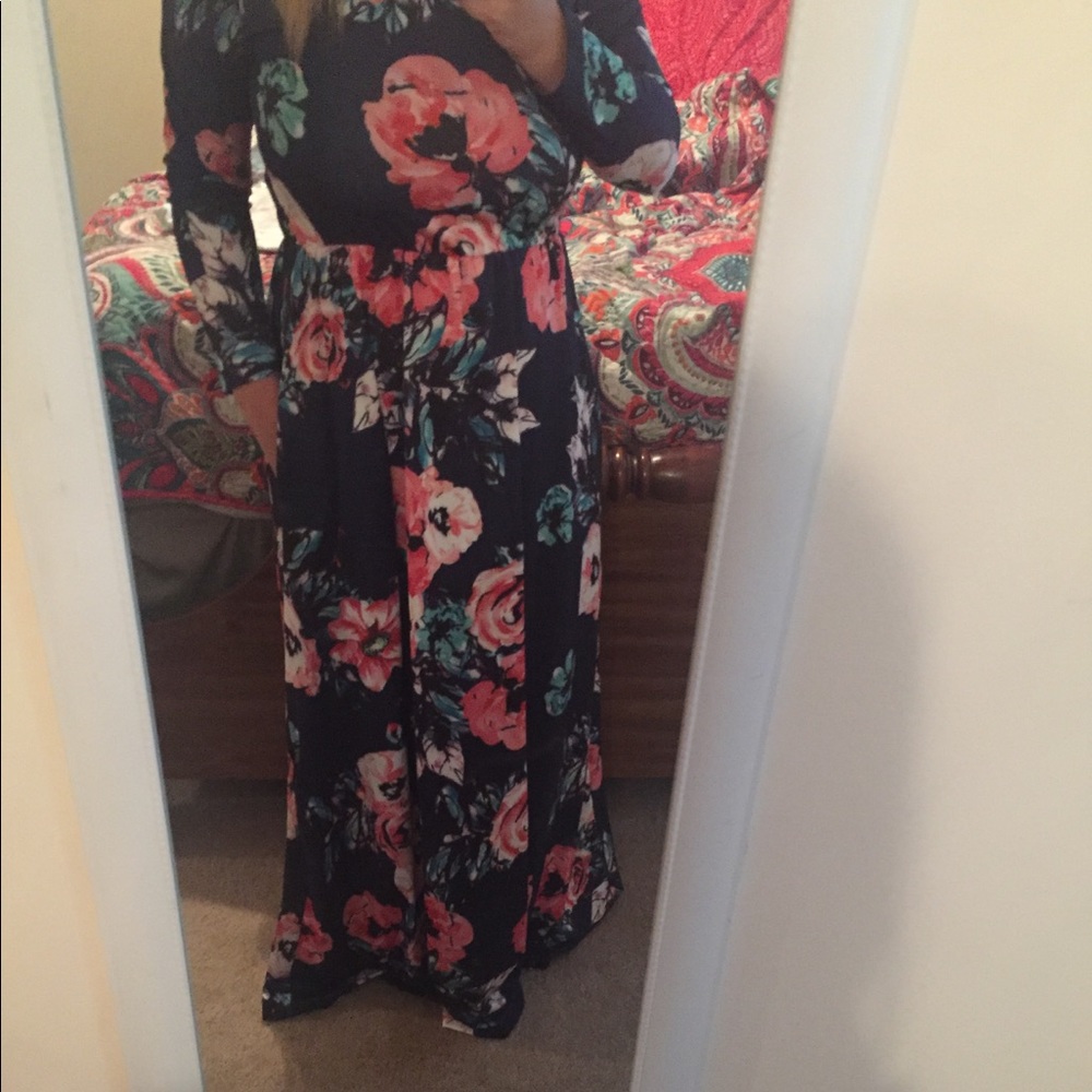 Navy blue, floral maxi dress.
