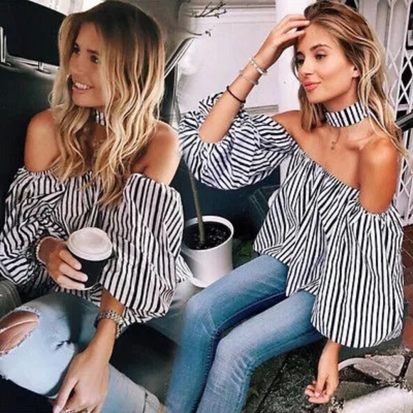 LAST 1!Sexy Off shoulder pin stripe choker and top - Picture 2 of 3