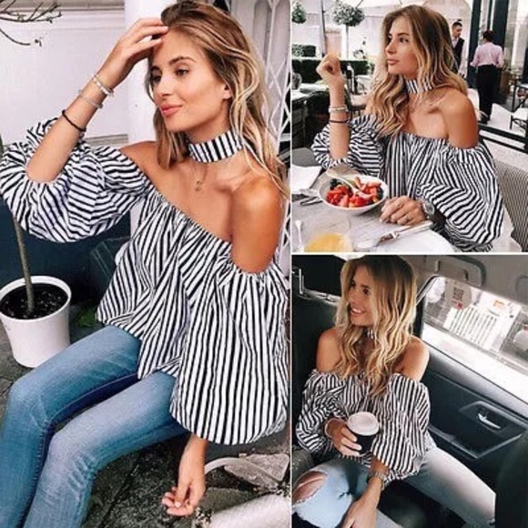 LAST 1!Sexy Off shoulder pin stripe choker and top - Picture 3 of 3