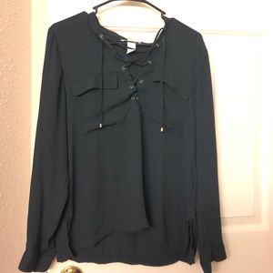 H&M lace up blouse in navy