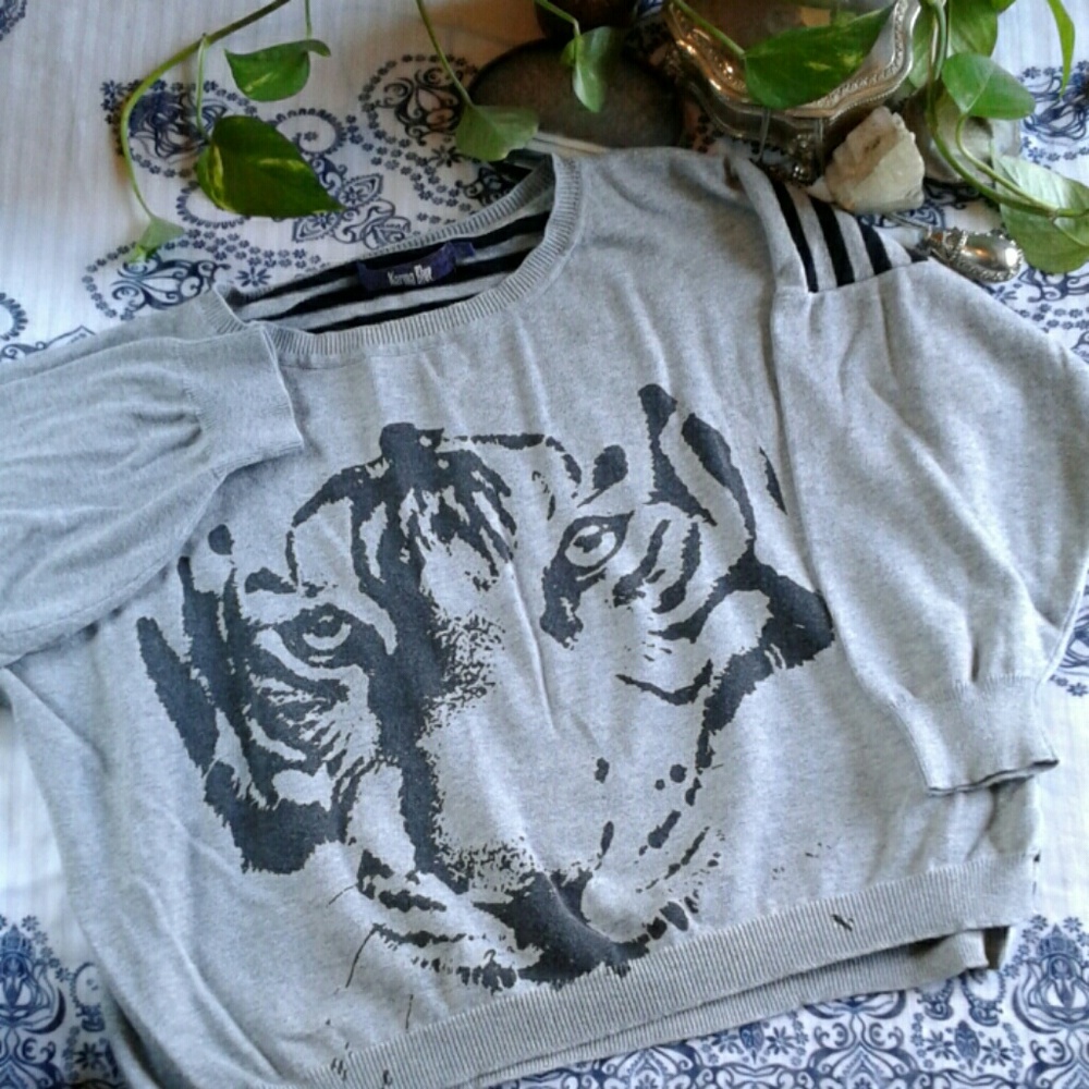 Karma Blue Grey and Black Cropped Tiger Sweater