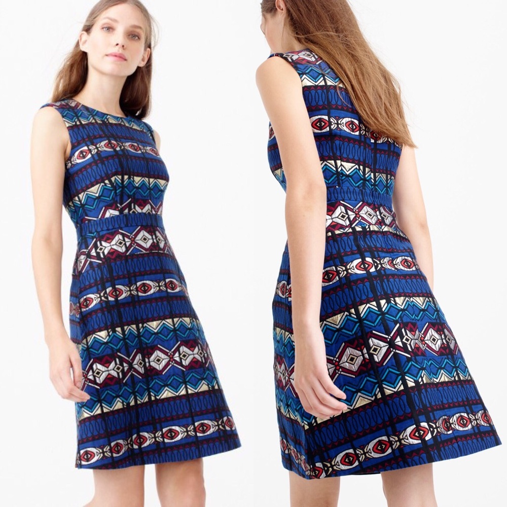 J.Crew Blue Red Metallic Tribal Flare Dress