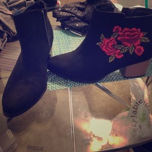 Black suede floral boots