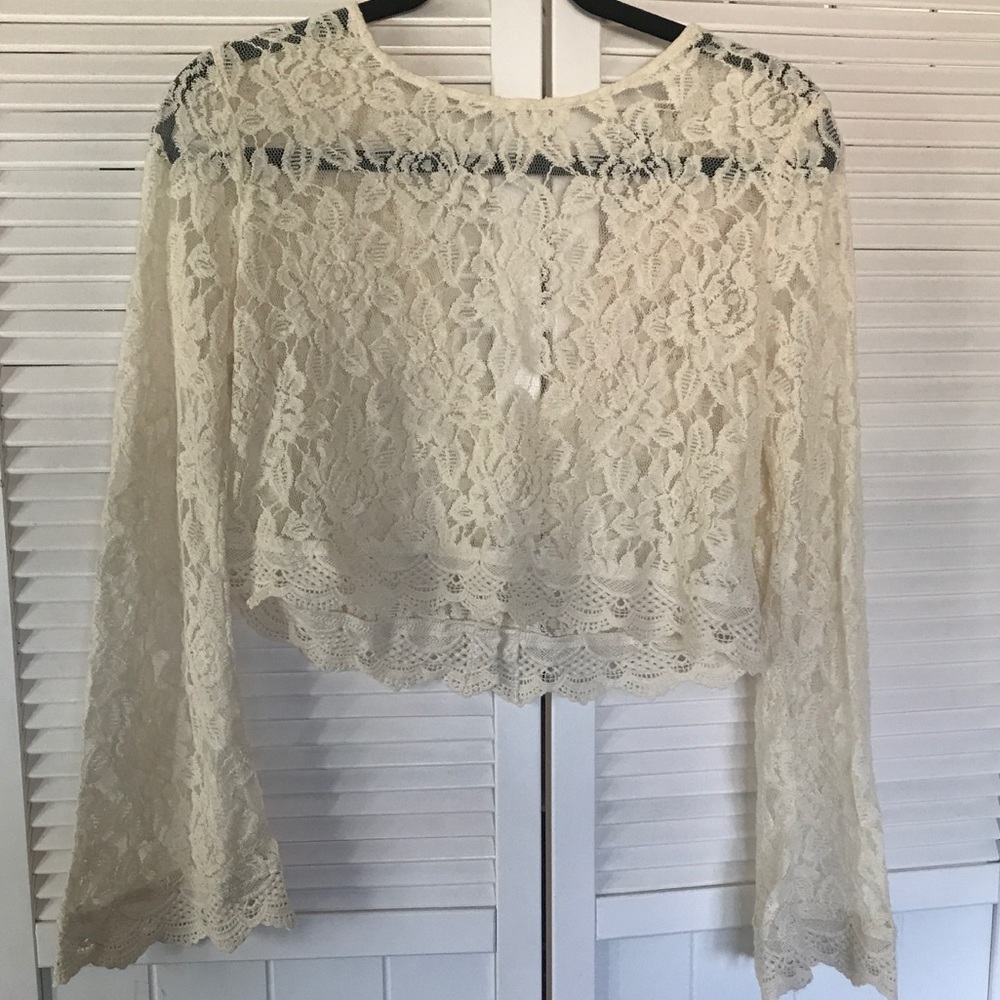 Cream Lace Crop Top with Bell Sleeves