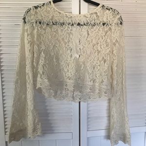 Cream Lace Crop Top with Bell Sleeves