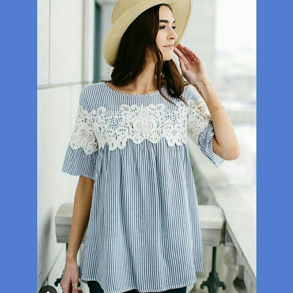 NWOT boutique striped tunic and lace top. New!